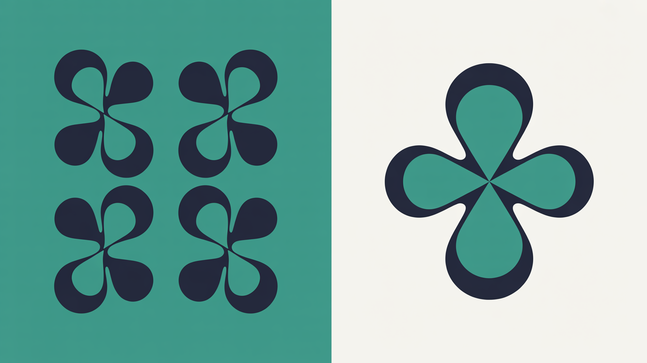 Abstract flat illustration of two contrasting shapes, one uniform and repeated, the other distinct with layered detail, on a warm stone grey background