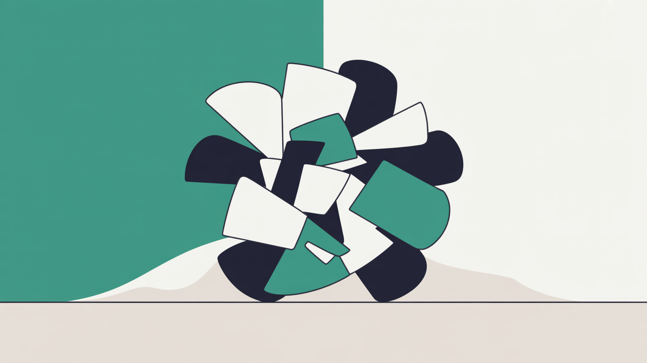 Abstract flat illustration of scattered fragments of text flowing together into a single structured website layout shape