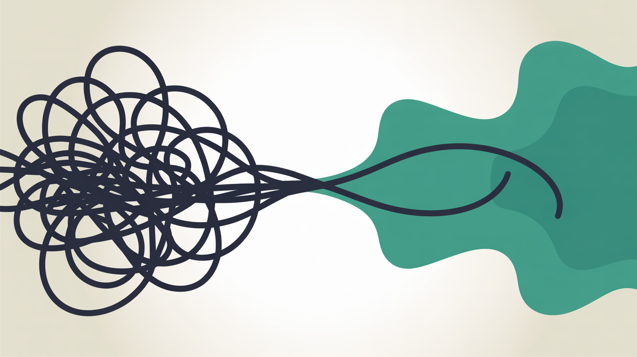 Flat illustration of abstract shapes representing simplification, with complex tangled lines on one side transforming into clean flowing lines on the other