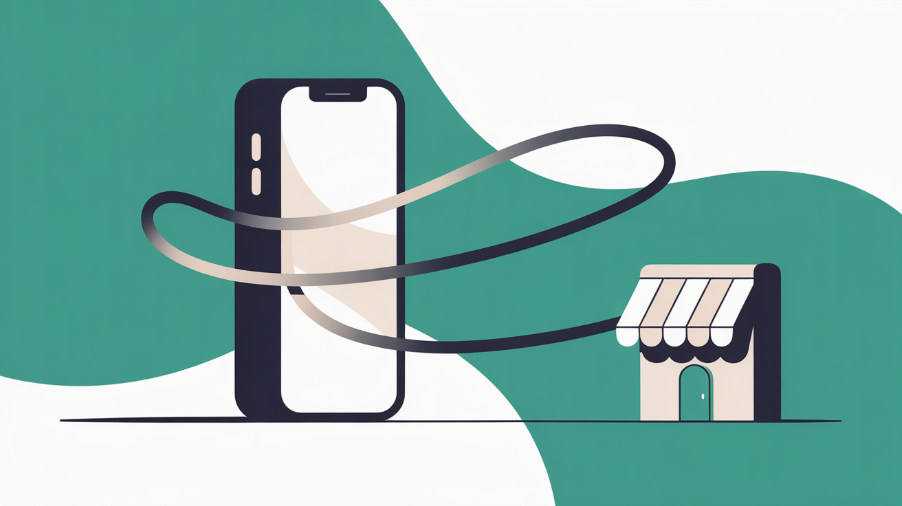 Smartphone with flowing lines connecting to a storefront shape, illustrating the customer journey from search to visit