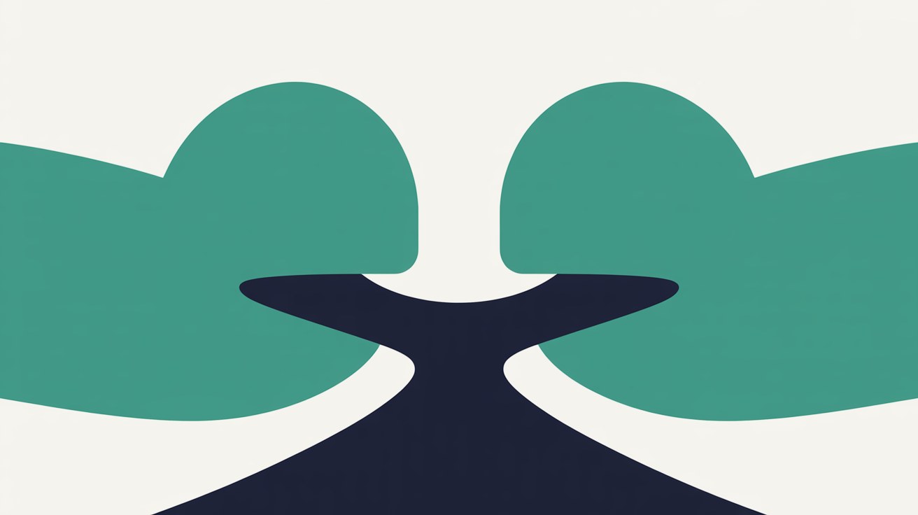 Two rounded teal forms facing each other across a narrow deep navy channel on a warm grey background