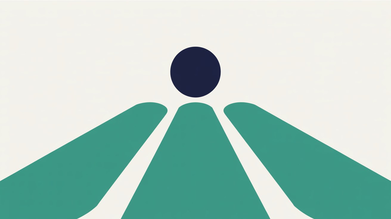 Three teal paths of different widths converging towards a single deep navy circle on a warm grey background