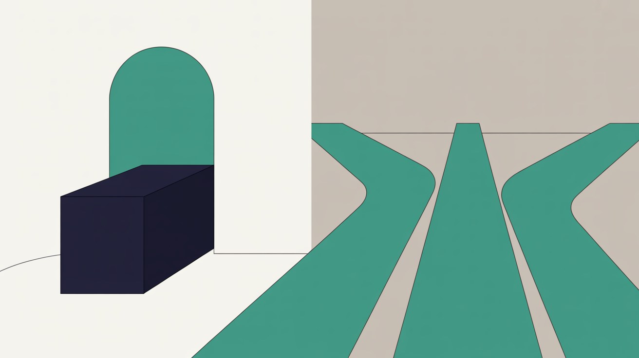 Flat illustration of a teal arched doorway blocked by a deep navy box on one side, with three teal paths branching away on the other