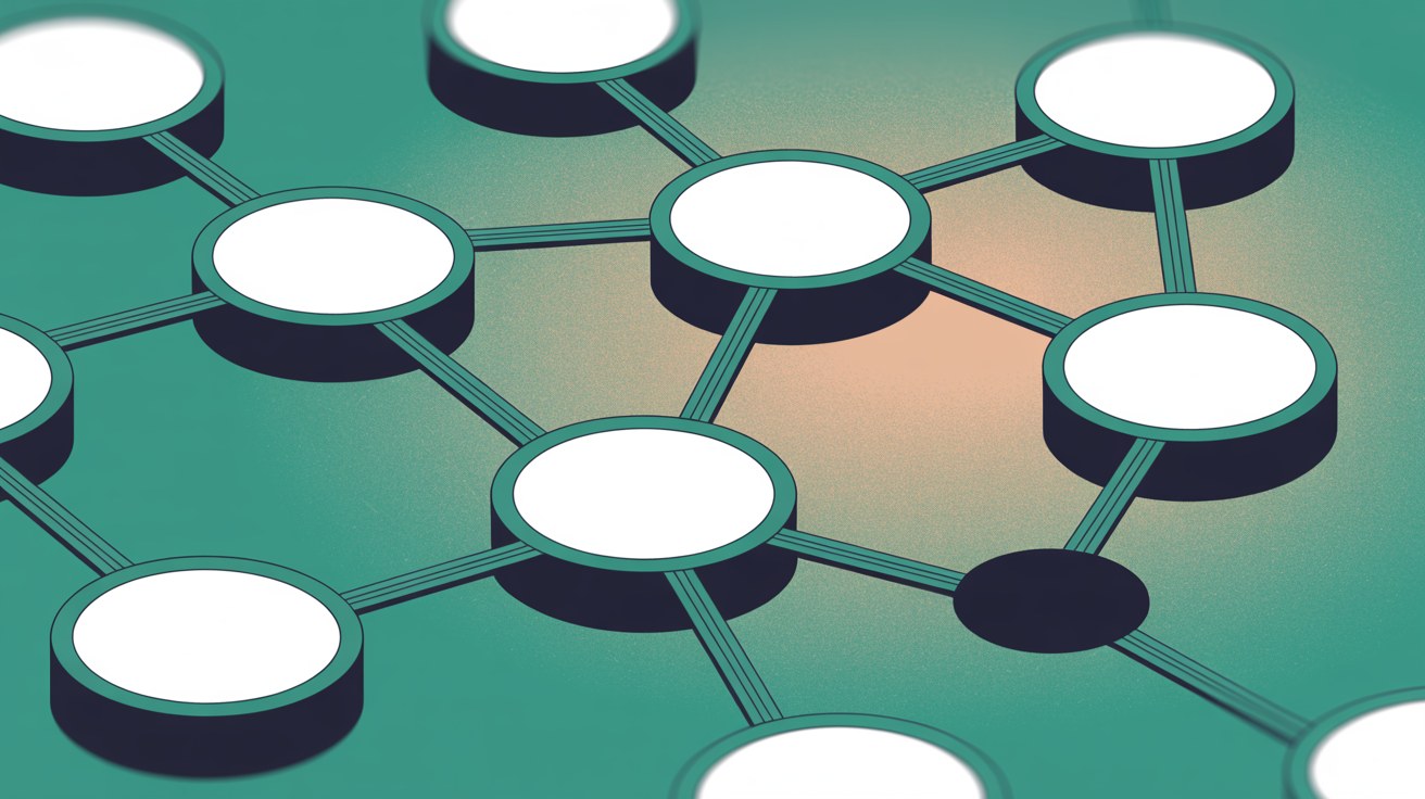 Abstract network of teal circular nodes joined by thin lines, with one node floating disconnected outside the group