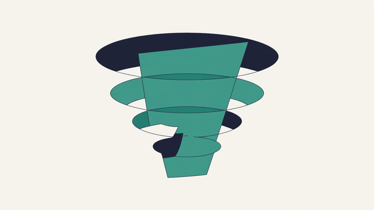 Overlapping teal geometric shapes narrowing into a single solid form on a warm grey background