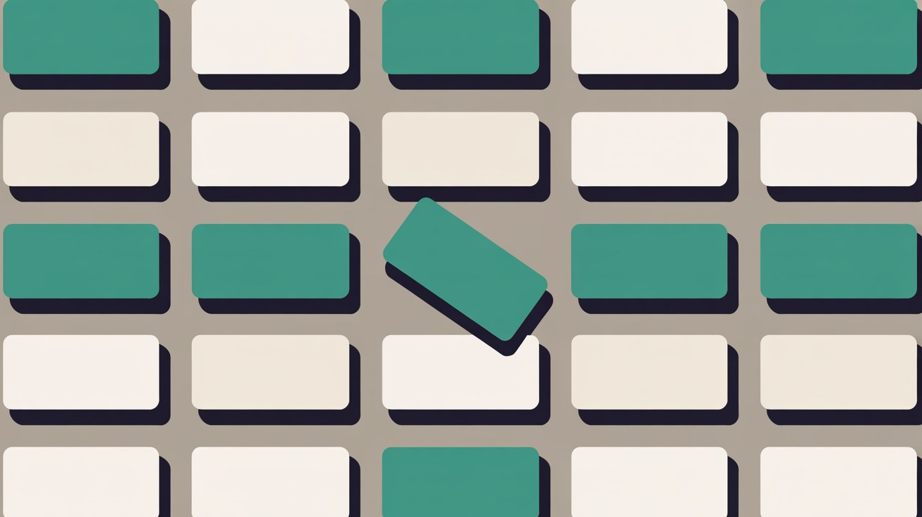 Flat illustration of a grid of identical rounded rectangular cards in teal and cream, with one card tilted out of alignment