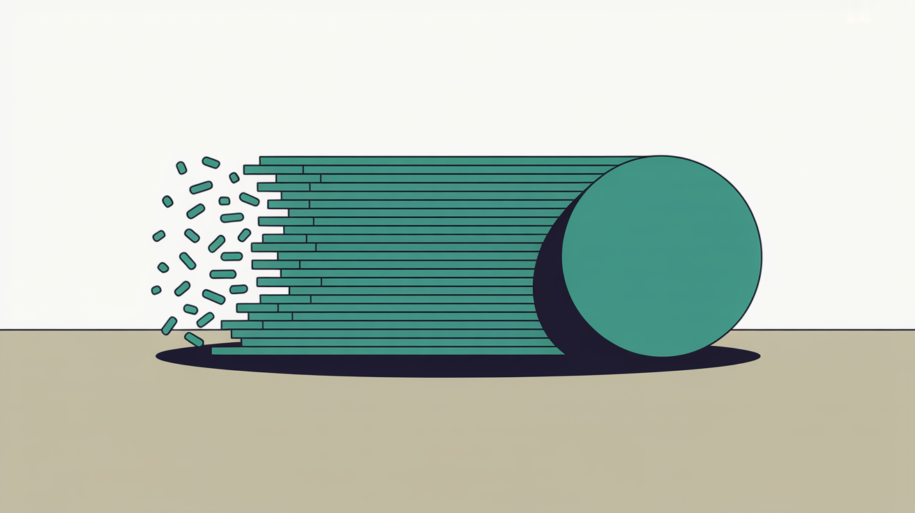 A stack of thin teal bars crumbling into scattered fragments at one end, with a solid teal disc holding firm at the other