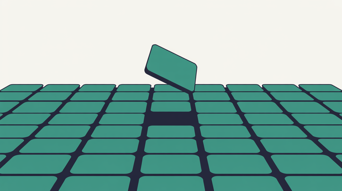 Tight repeating grid of near-identical small teal tiles with one tile lifted clear of the grid into its own space
