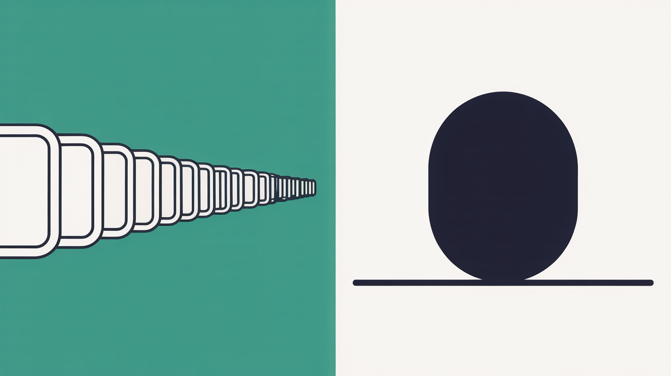 Flat illustration contrasting a long row of small identical fading rectangles with one solid rounded shape anchored on a firm base line, in teal on warm grey