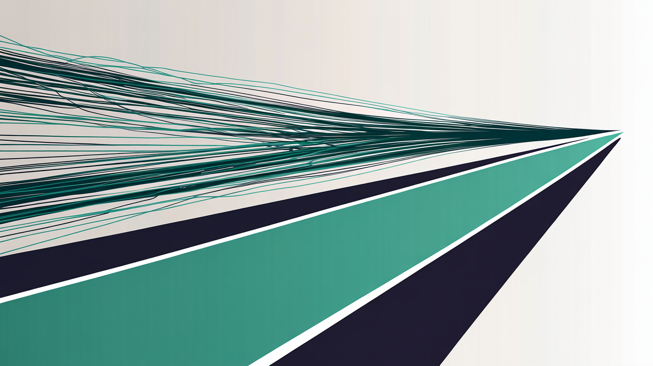 Abstract flat illustration of a single clear path moving forward and away from a cluster of tangled overlapping lines