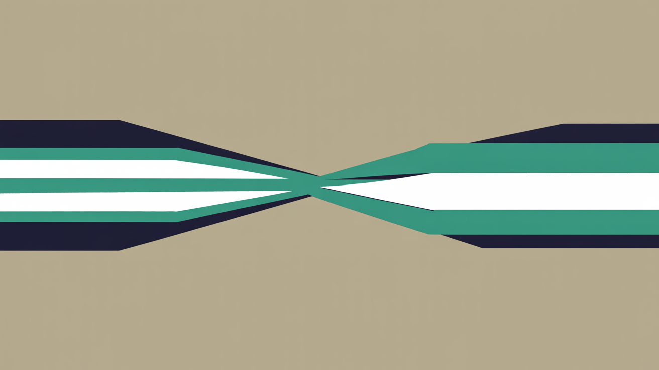 Abstract flat illustration of several thin lines converging and merging into one stronger line, teal on warm stone grey background