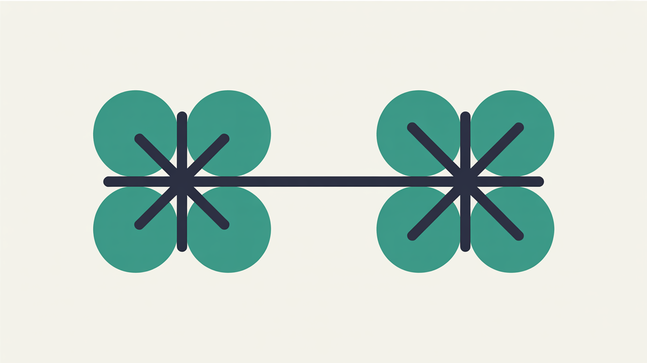 Two separate clusters of teal geometric shapes joined by a single unbroken line across a warm stone grey background