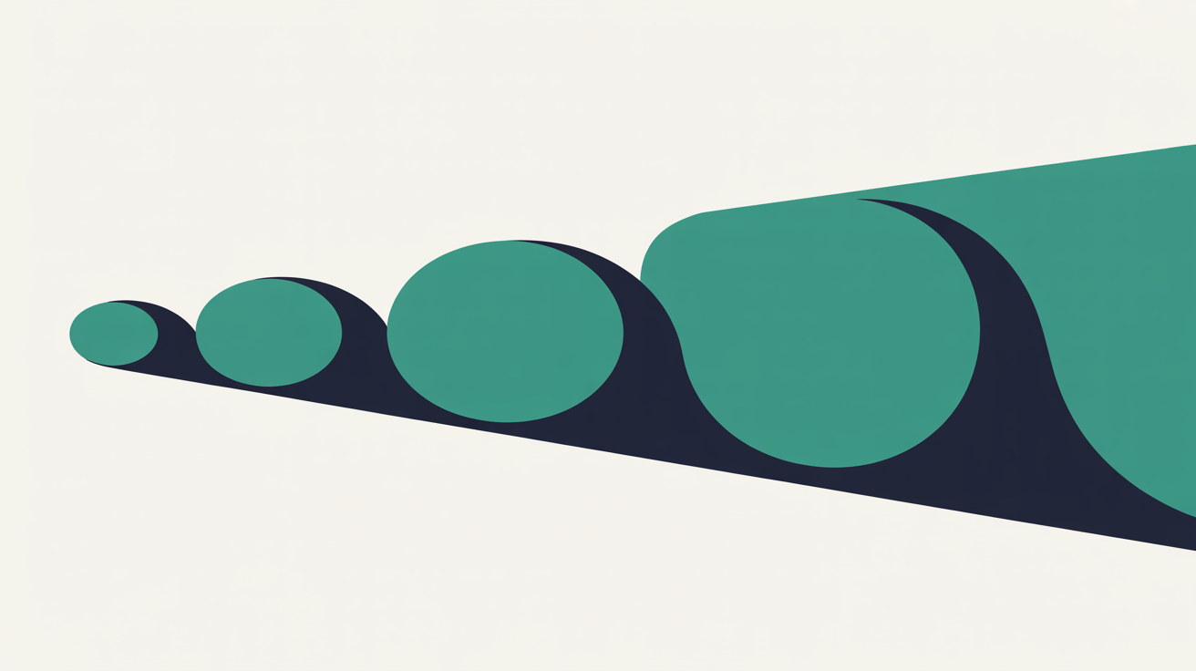 Teal circles of increasing size stepping along a widening navy diagonal band on a warm stone grey background