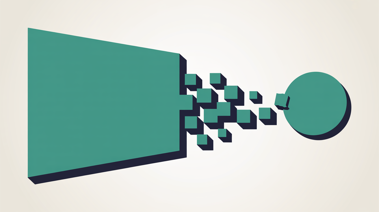 A large solid teal rectangle breaking apart into a diagonal stream of small squares that flow into a single teal circle on a warm stone grey background