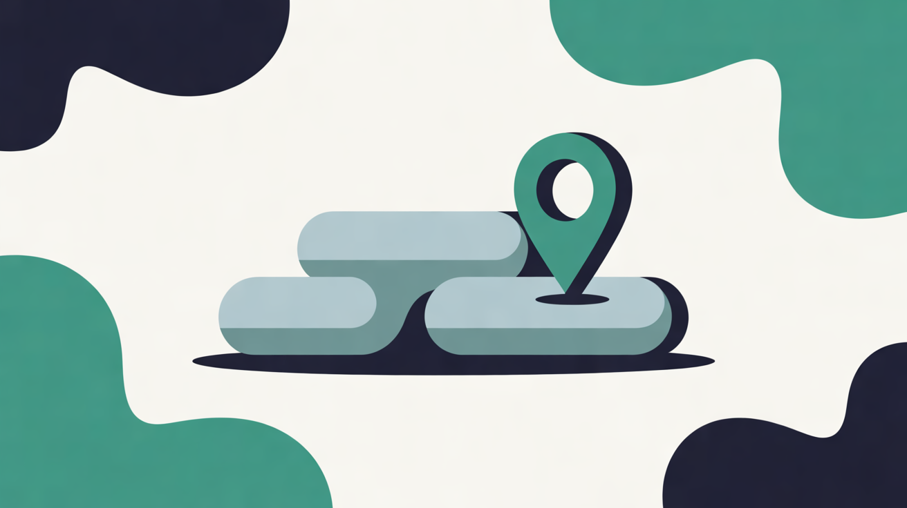 Flat illustration of rounded pale grey bars resembling a website footer, with a small teal map pin resting on the lowest bar, framed by soft teal and navy shapes