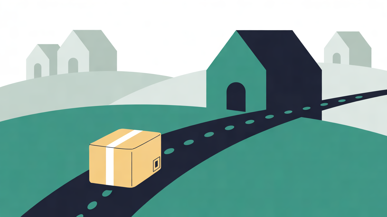 Flat illustration of a parcel travelling along a dotted path over teal hills towards one bold house, with similar houses faded into the background
