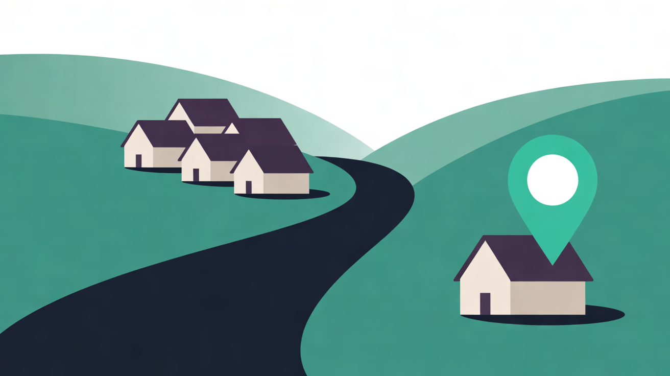 Flat illustration of a winding dark lane through teal hills, with a cluster of identical houses on one side and a single house marked by a teal location pin on the other