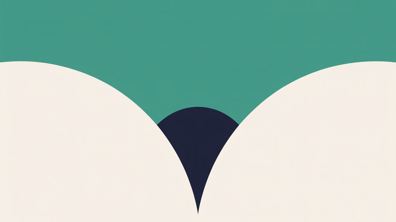 Flat abstract illustration of a teal field above two large off-white curves that meet at a narrow point, with a dark navy teardrop shape closing the gap between them