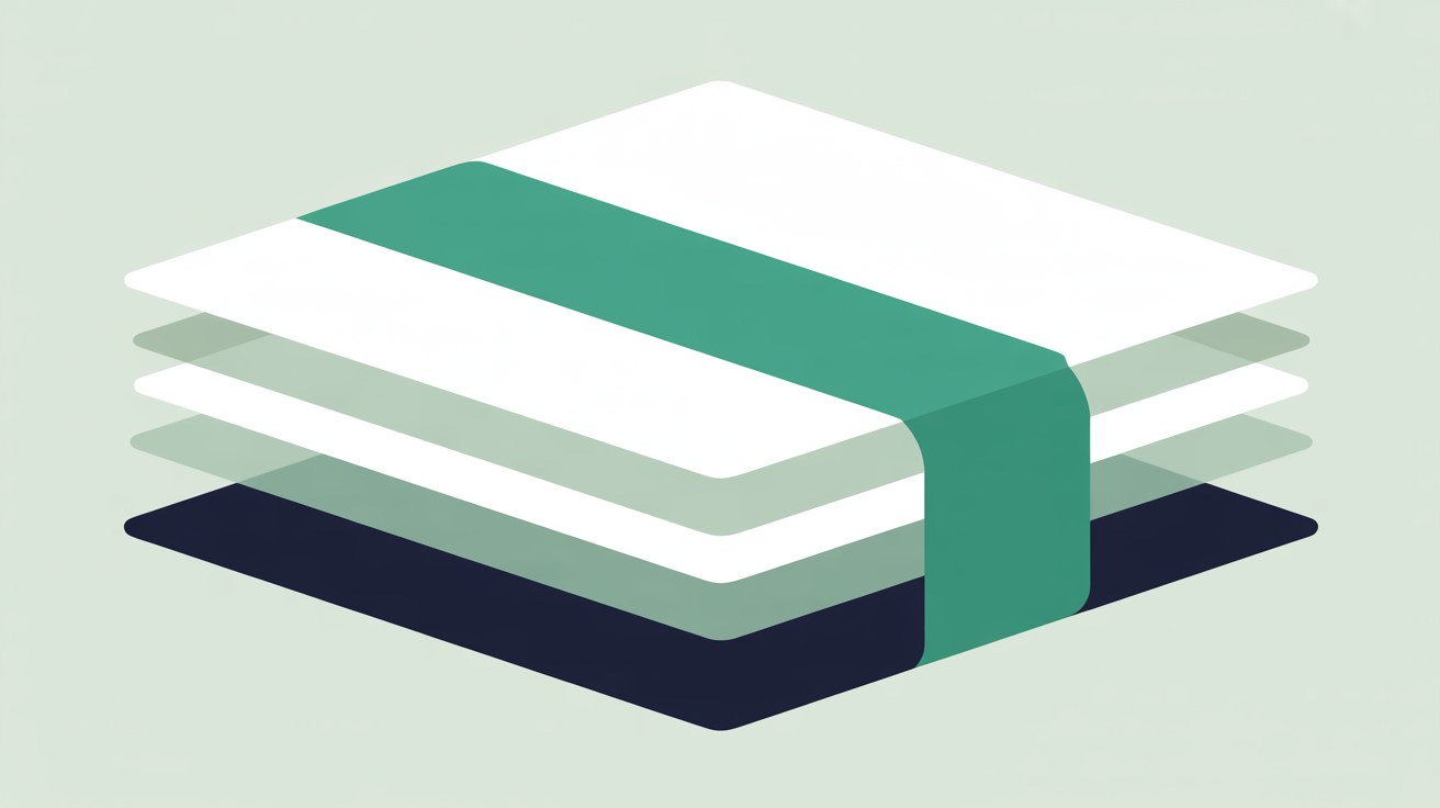 Flat abstract illustration of an isometric stack of white and pale translucent layers with a teal band wrapping across them and a dark navy base layer underneath