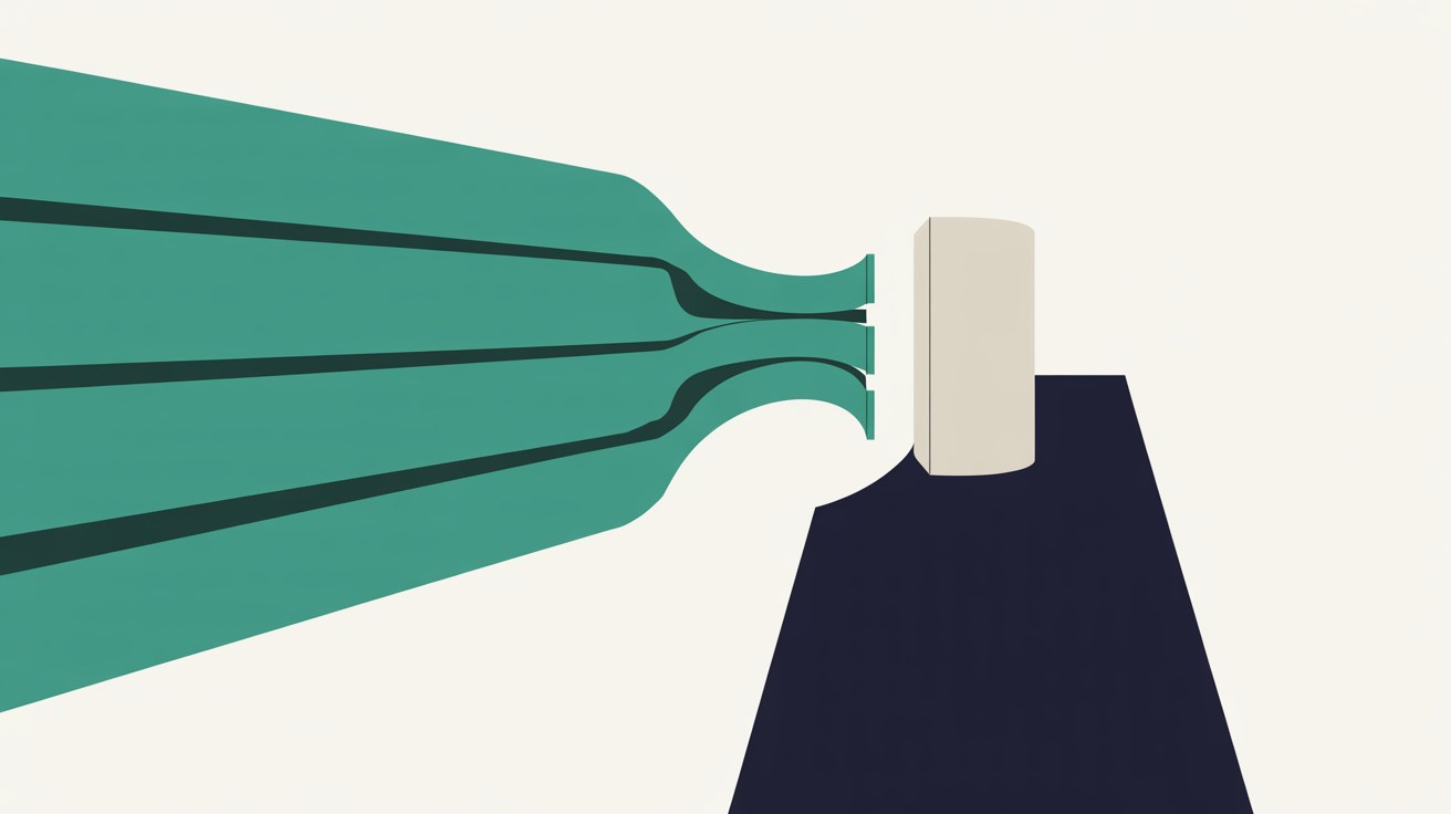 Flat abstract illustration of three broad teal bands converging from the left and narrowing to fine points at a gap beside a pale rounded column, with a large navy shape below right