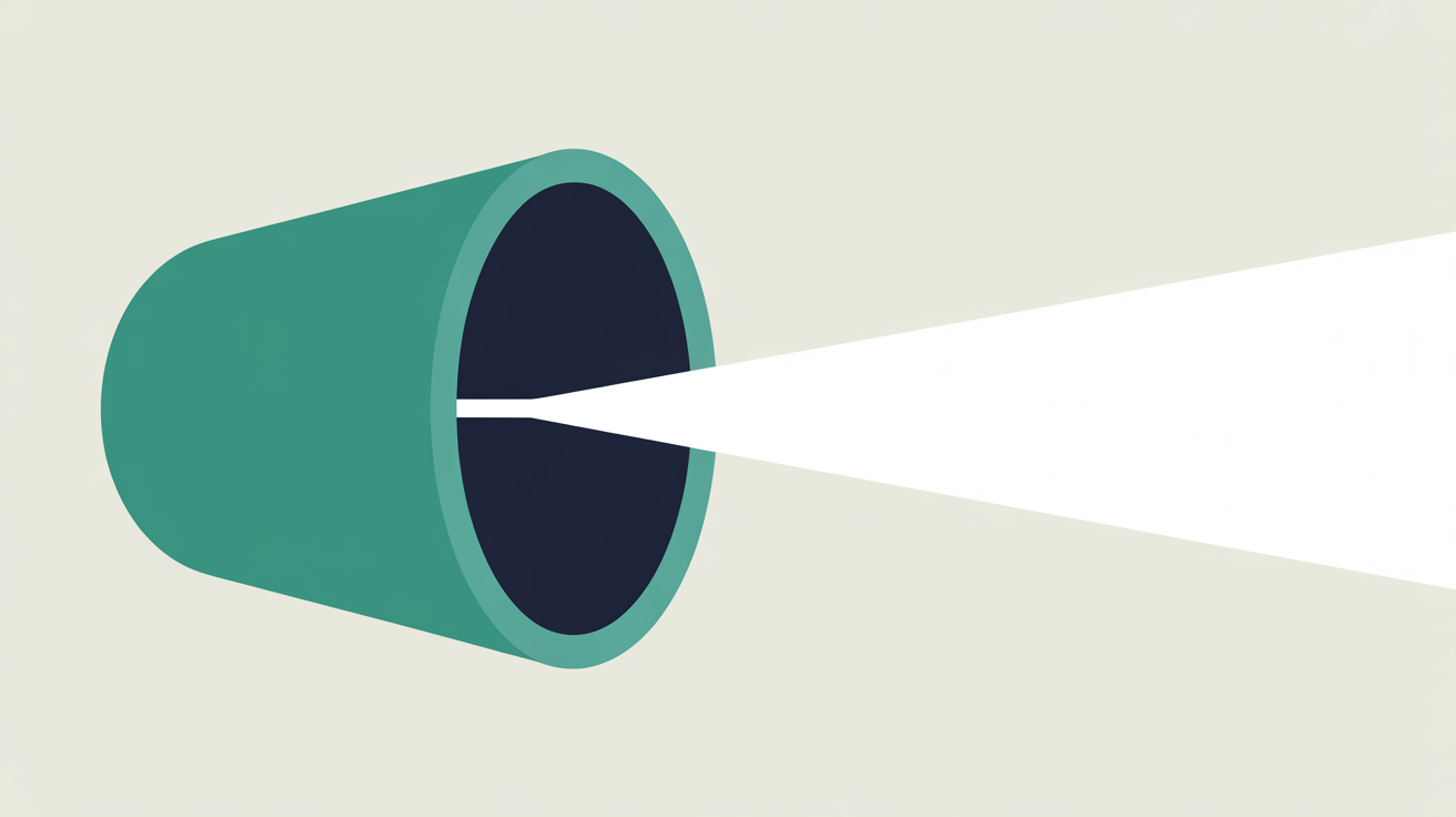 A teal cone opening onto a wide pale field, with a broad beam widening outward from its dark interior