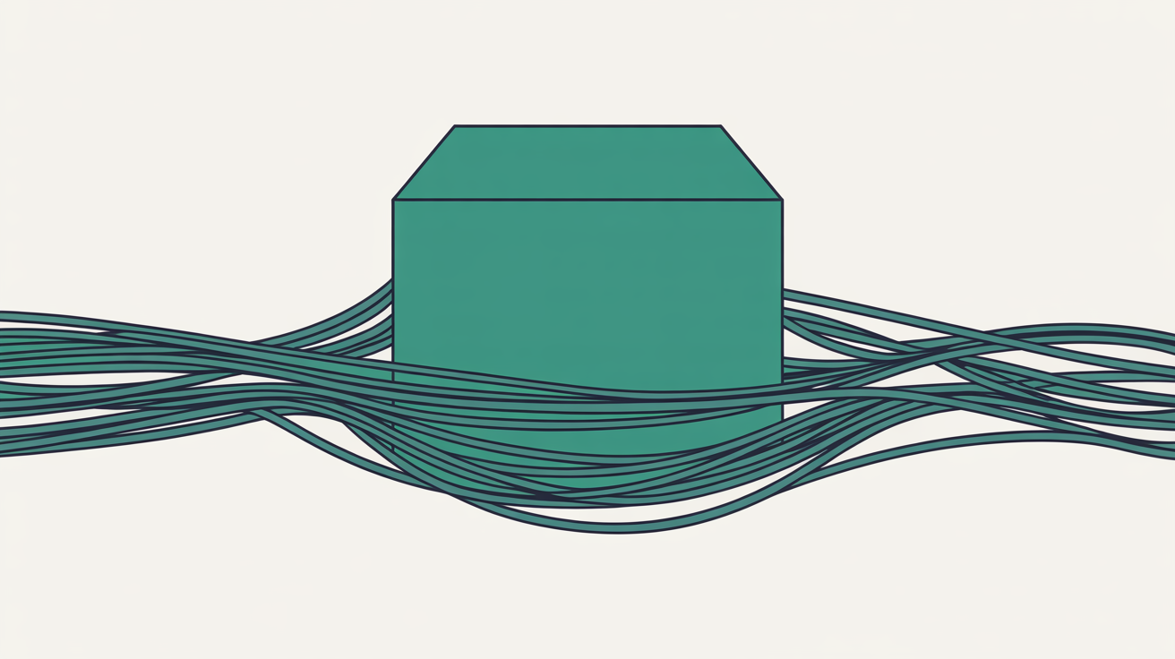 A solid teal block resting on a warm grey field while bundles of teal and navy lines flow past it on both sides without entering it