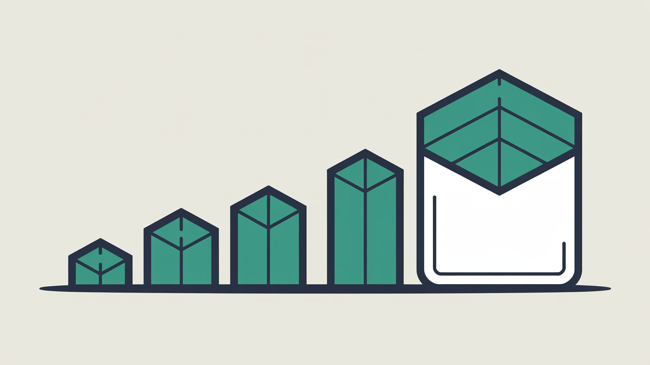 Five teal stepped column shapes rising in sequence beside a plain outlined card on a warm off-white background