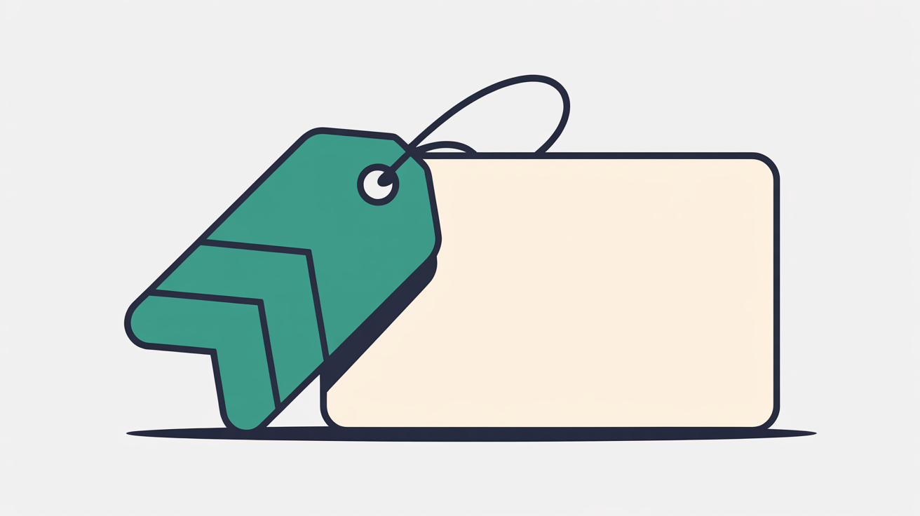 Flat illustration of a teal arrow-shaped tag sitting beside a blank rectangular card on a warm off-white background