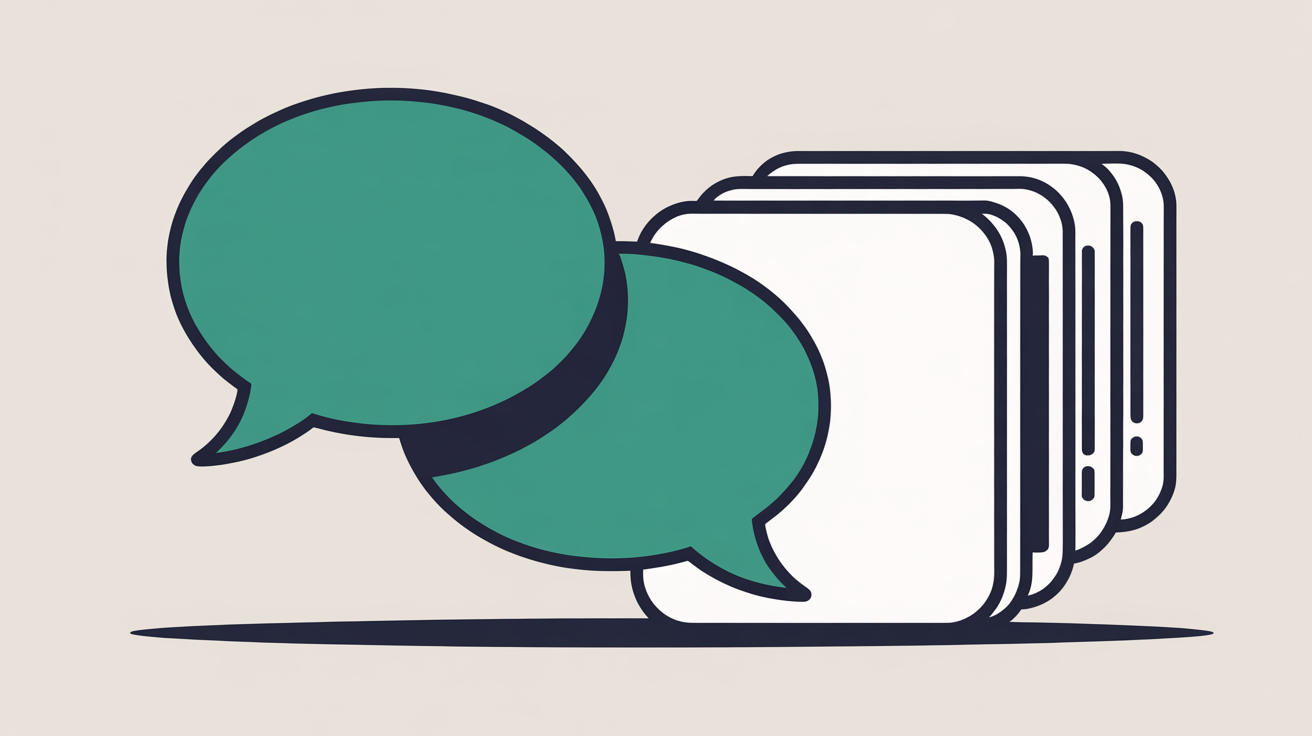 Abstract teal speech bubble shapes separating from solid document forms on a warm grey background, suggesting the line between machine conversation and owned content