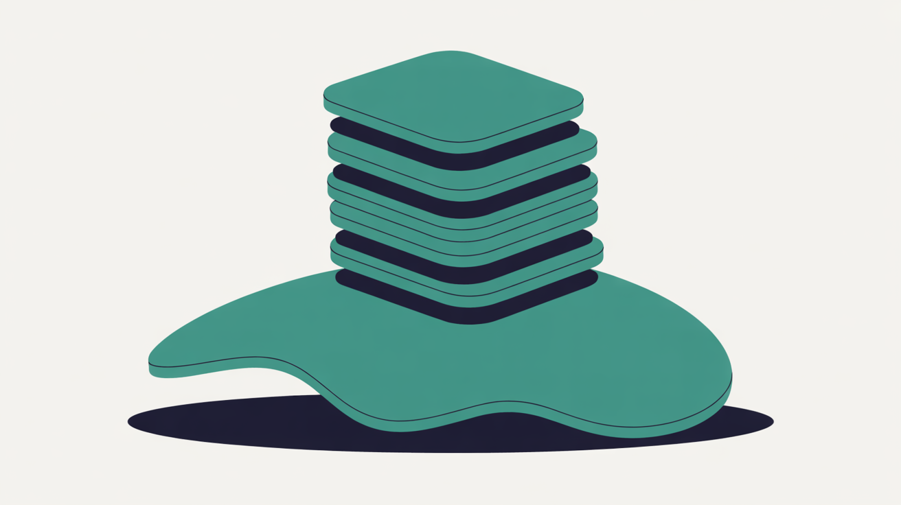 Flat abstract illustration of a tall stack of small rounded shapes collapsing into a single clean teal form on a warm stone grey background, suggesting many separate consent prompts reduced to one simple choice