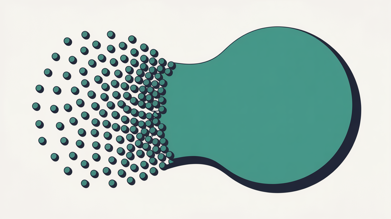Flat abstract illustration of scattered small teal dots merging into one smooth flowing shape on a warm stone grey background, suggesting individual data points combined into anonymous aggregate measurement