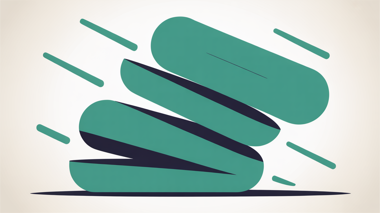Flat abstract illustration of stacked rounded rectangular shapes dissolving and clearing away across a warm stone grey background, with teal diagonal lines suggesting simplification and reduced friction