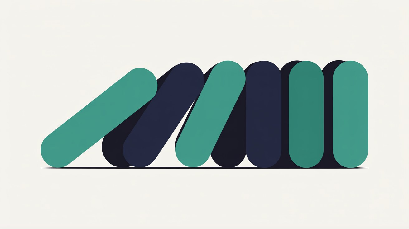 Flat illustration of rounded teal and navy bars leaning against each other in a row on a warm off-white background