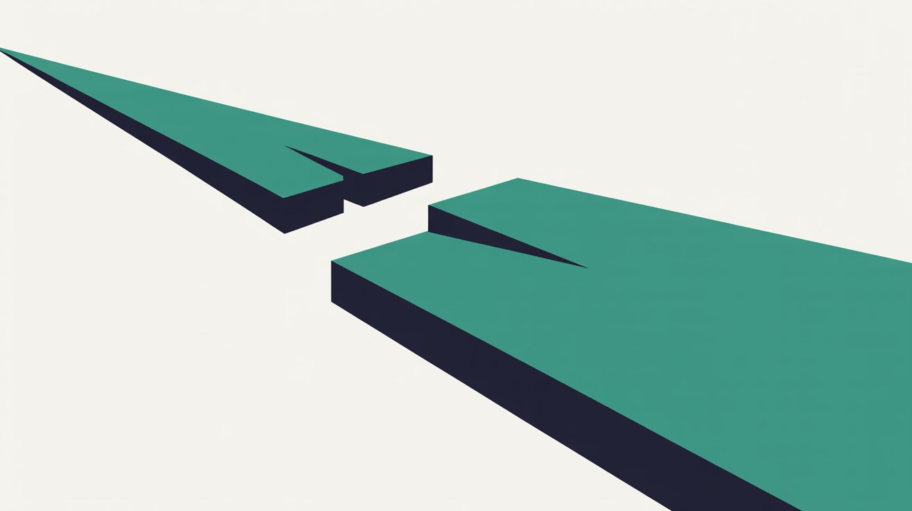 Flat geometric illustration of a teal pathway breaking apart mid-run against a warm off-white background
