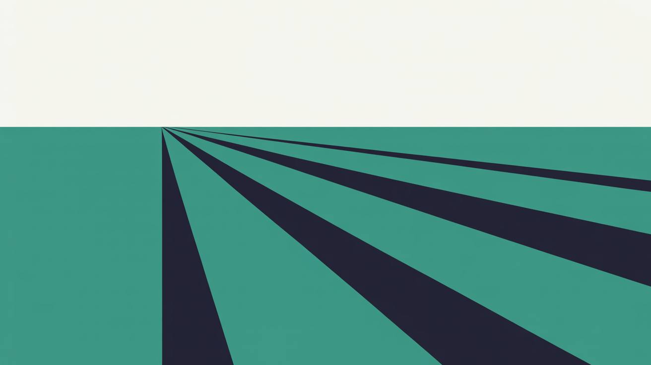 Abstract illustration of a single teal shape splitting into several separate parallel tracks across a warm grey field