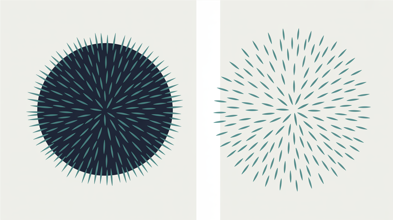 Two contrasting abstract zones on warm grey, one dense cluster of small teal marks and one sparse scattered group, divided by a clean vertical line