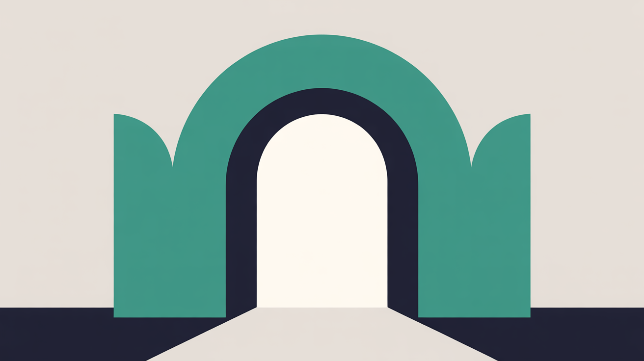 Clean flat illustration of an open archway form in teal on warm grey background, suggesting welcome and access
