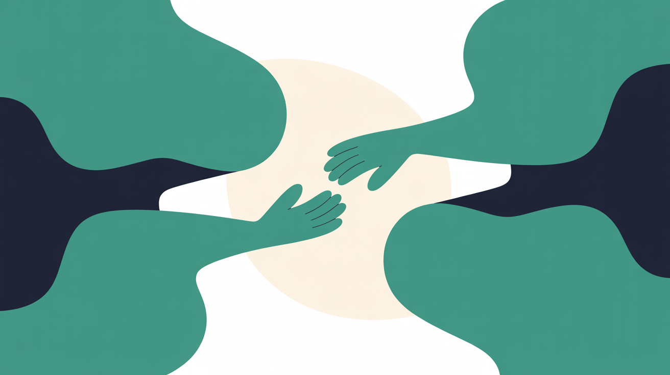 Flat illustration of soft curved paths converging on a single welcoming point, teal accent on warm grey, suggesting openness and accessibility