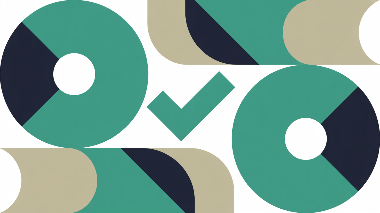 Abstract geometric shapes with a central checkmark motif suggesting compliance and standards, in teal on warm grey
