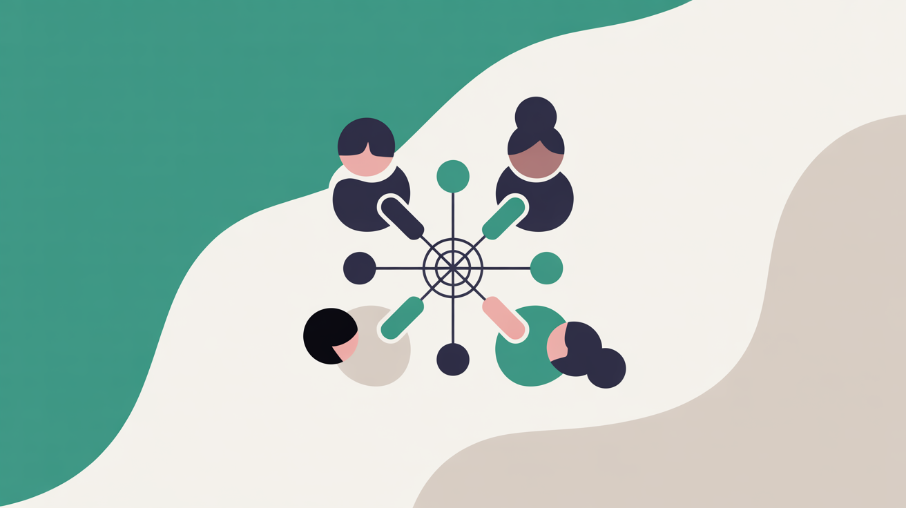 Abstract flat illustration of interconnected shapes representing universal digital access, in teal and warm grey