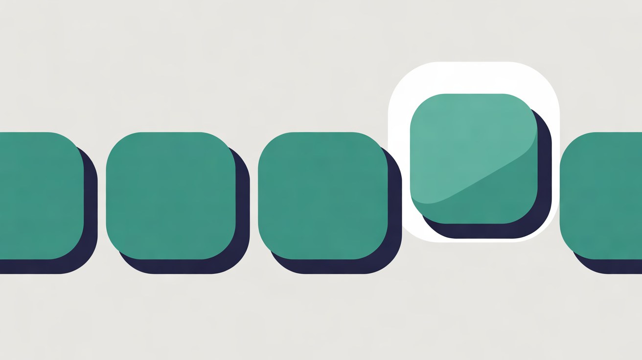 A row of rounded teal tiles with navy shadows on a warm grey background, one tile raised inside a white frame