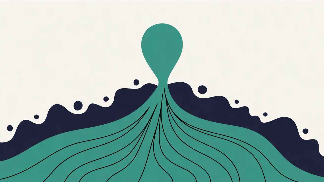 Teal and navy wave shapes with fine lines converging upward into a single teal teardrop marker on an off-white background