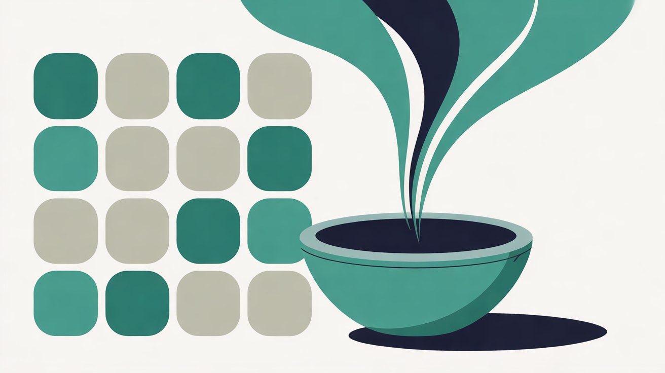 A teal ceramic bowl with teal and navy ribbons rising from it beside a grid of rounded teal and grey squares on an off-white background