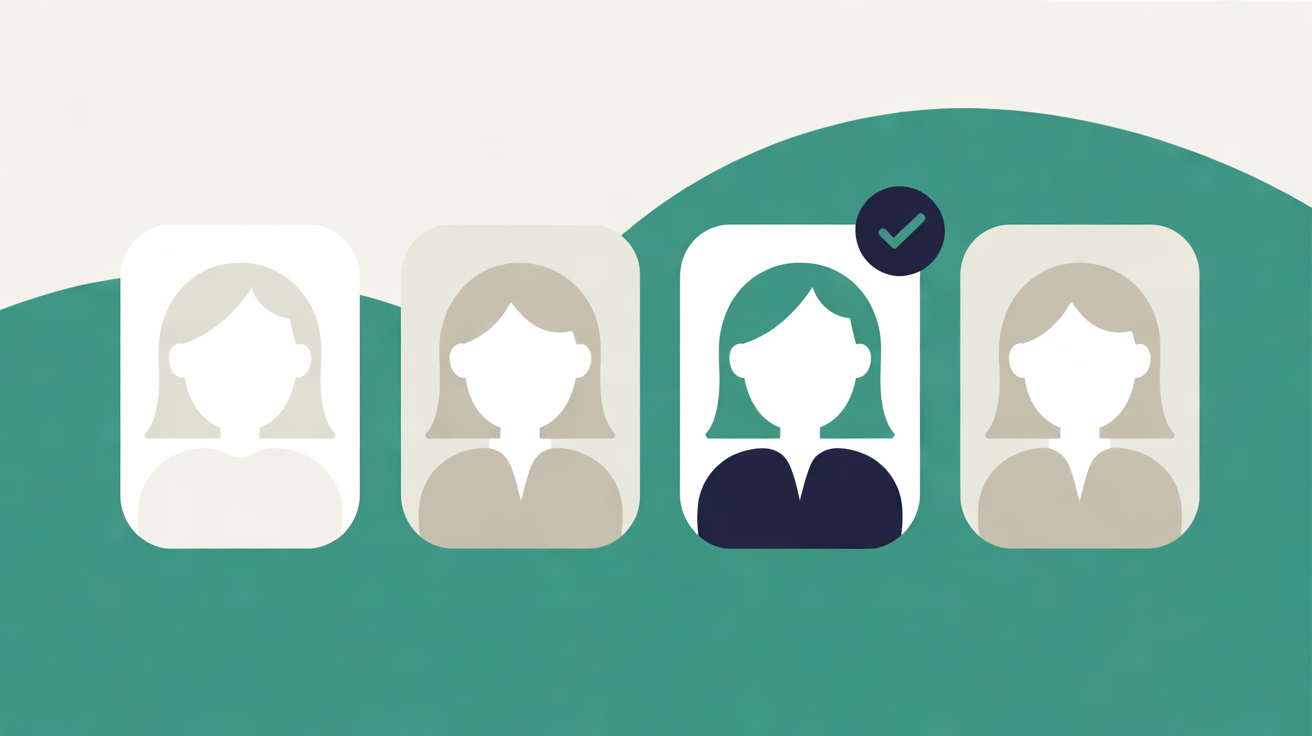 Four rounded portrait cards in a row on a teal and off-white background, three showing faded grey silhouettes and one in teal and navy marked with a tick