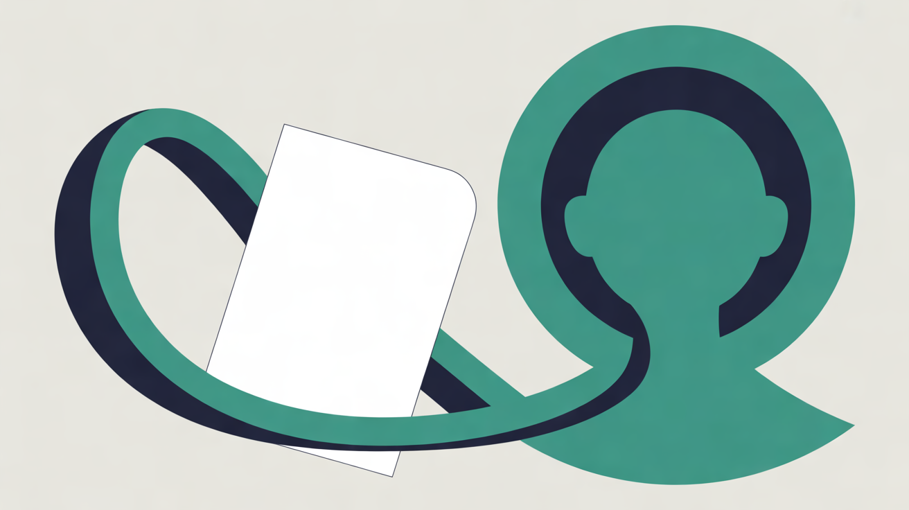 A white document card linked by a looping teal and navy ribbon to a large solid teal portrait silhouette on a warm grey background