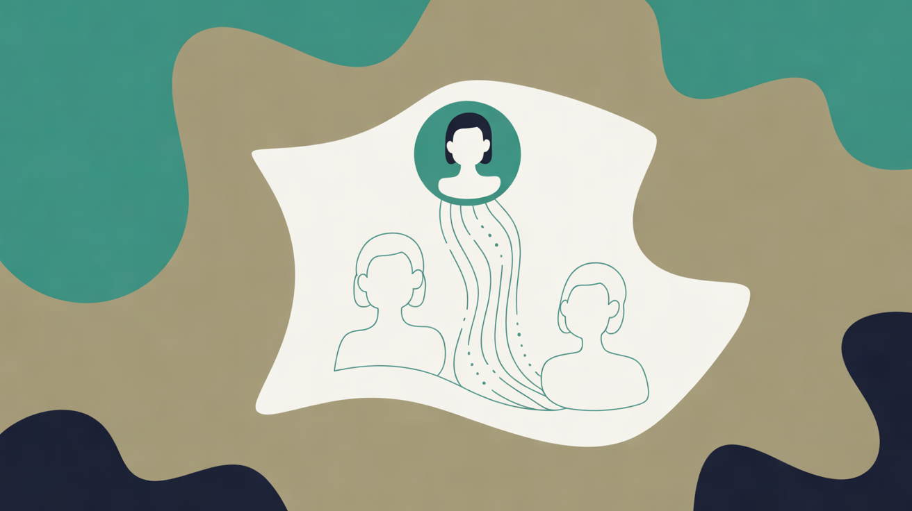 Flat illustration of a solid teal portrait circle at the top of an off-white page, with flowing teal lines running down to two faint outlined figures, set against teal, khaki and navy shapes