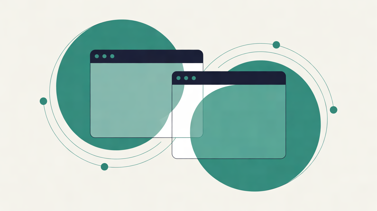 Two overlapping abstract browser windows on an off-white background, each partly tinted by a large teal circle, with thin lines arcing out to small nodes
