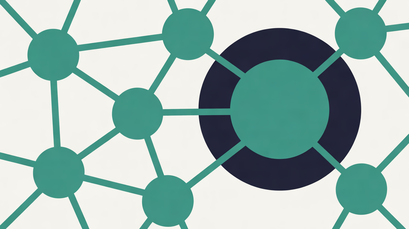 Abstract network of teal nodes and connecting lines on warm grey, with one node enclosed in a protective navy ring