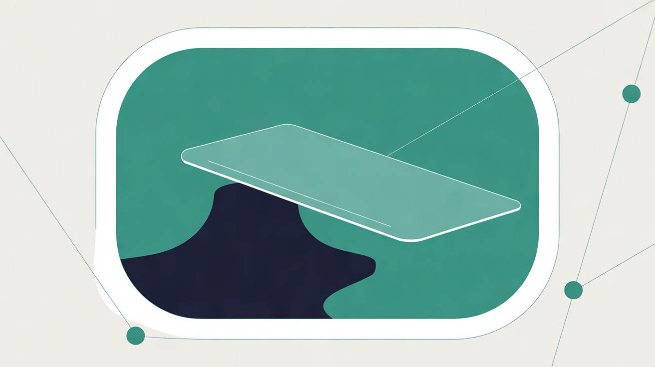 Flat illustration of an abstract website frame on warm grey with a translucent teal panel sliding across it and a small navy shape half hidden behind the panel