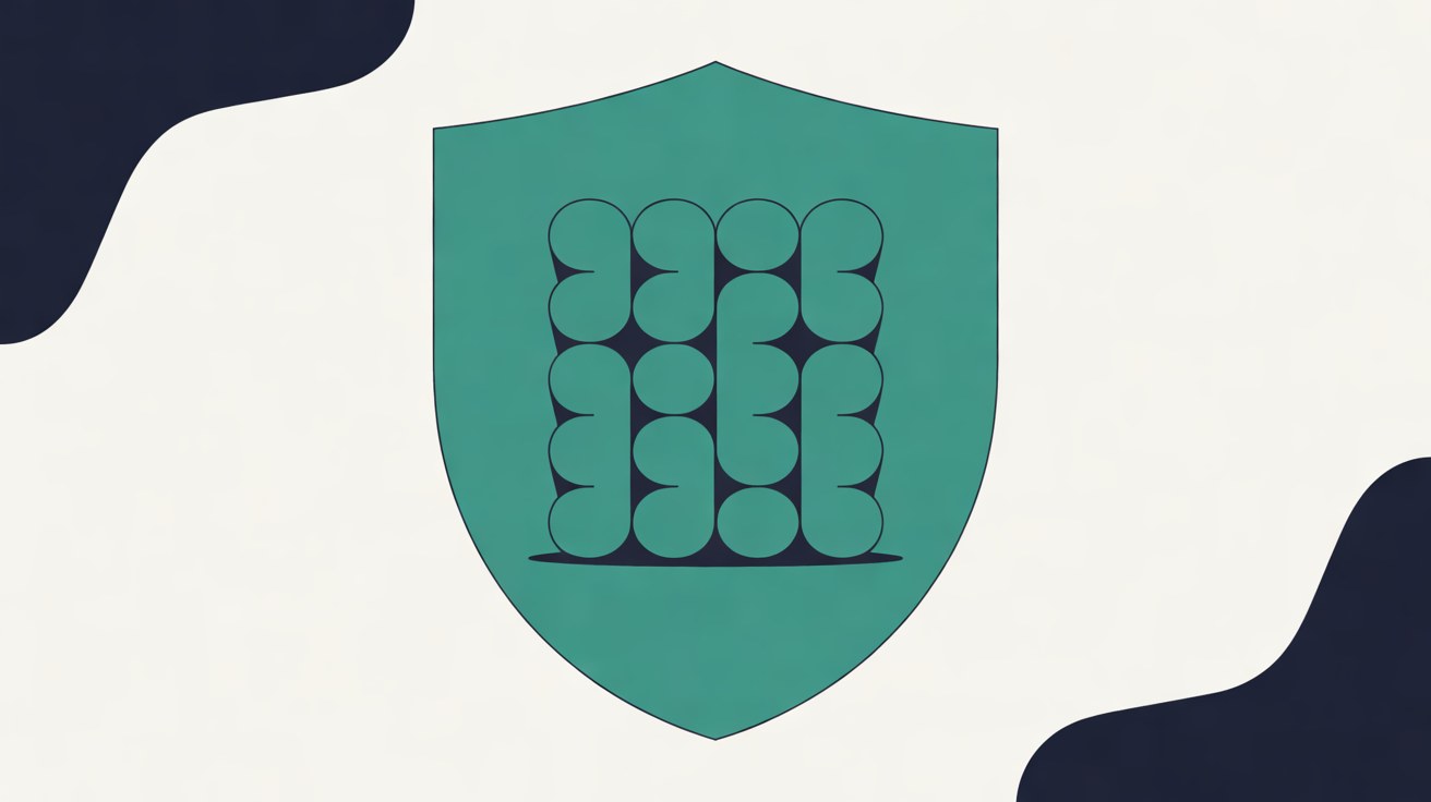 Flat teal shield holding a neat grid of rounded abstract shapes, with navy curves in two corners on a warm grey background